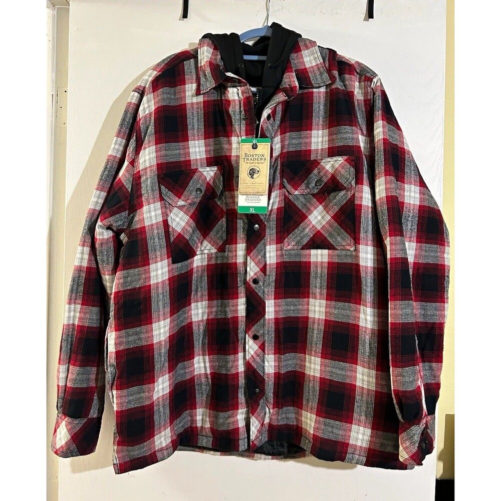 Boston Traders Men's Plaid Hooded Lined Jacket Snap/Zipper Closure XL Red/Blk